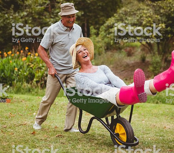 Happy senior couple playing with a wheelbarrow in a sunny day